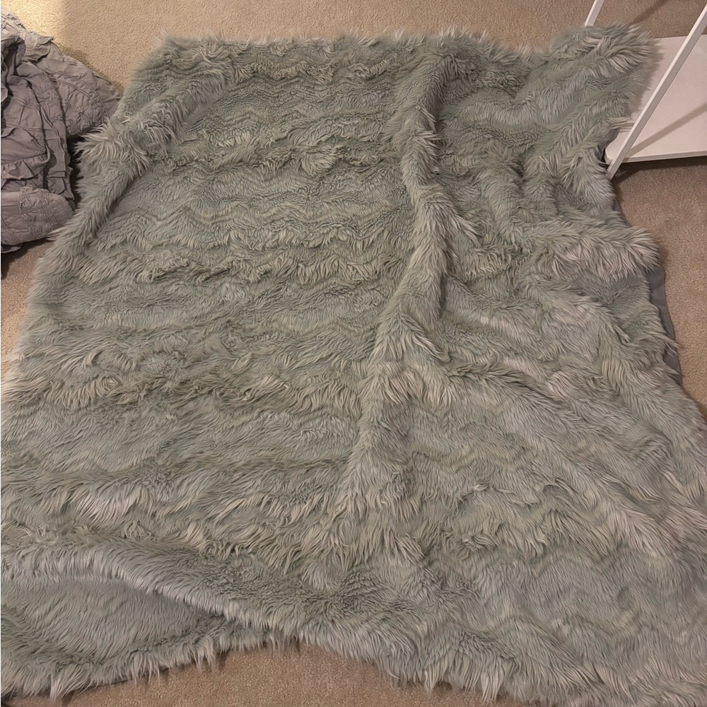 Anthropologie Plush Gray Faux Fur Blanket